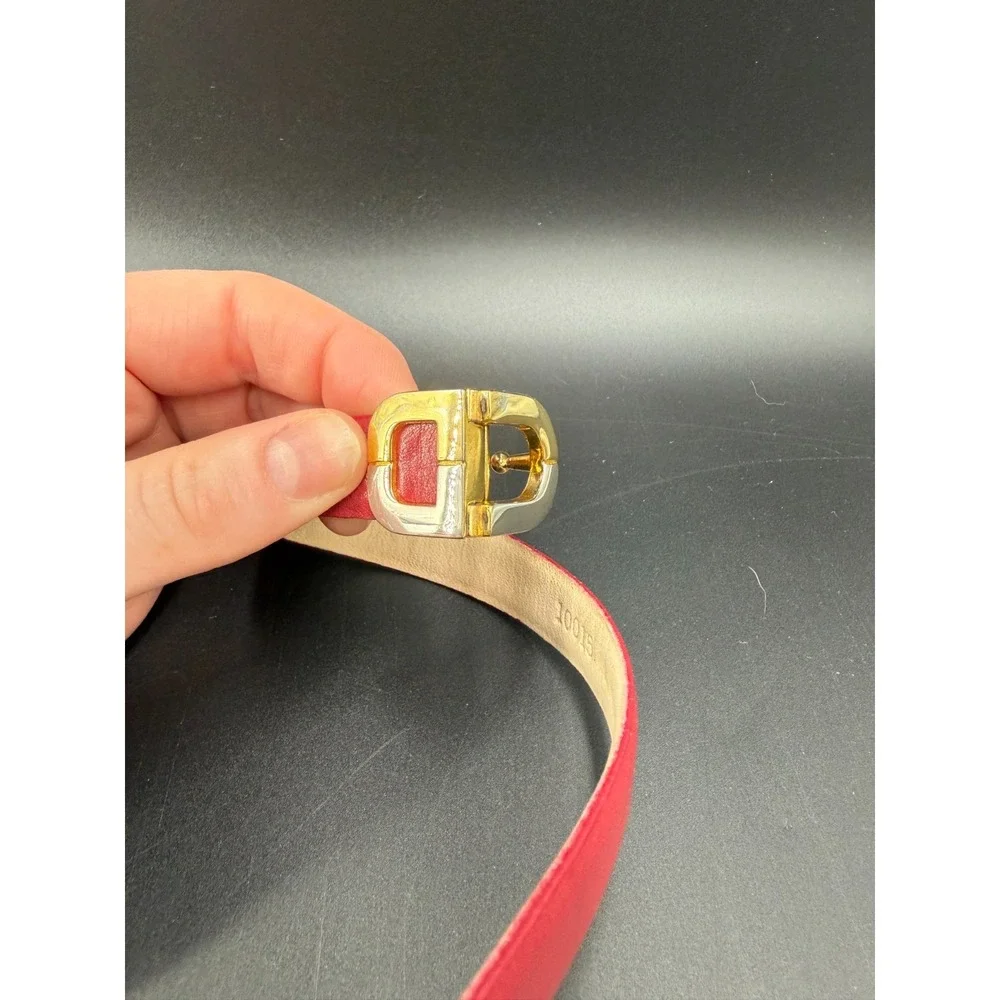 Vintage 80's CHRISTIAN DIOR Red Leather Belt Two-Toned CD Buckle Silver and Gold